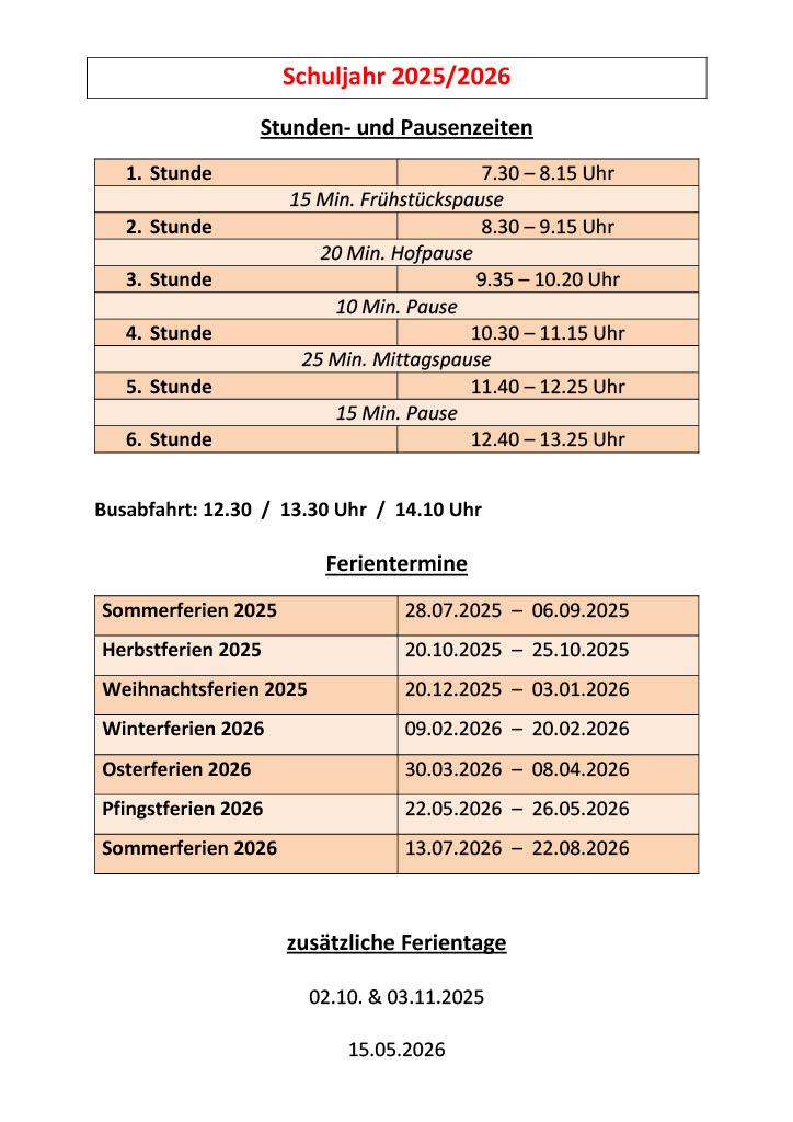Stundenzeiten Ferientermine 25 27